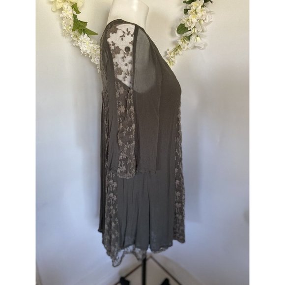 World Market Grey Mini Flare Dress Tunic Women S/M Lace Accents Long Sleeve Vtg - Picture 16 of 16